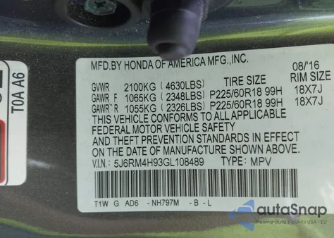 2016 Honda Cr-V Touring z USA, uszkodzony, nr VIN 5J6RM4H93GL108489